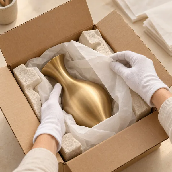 Gloved hands wrapping a brass vase for packing