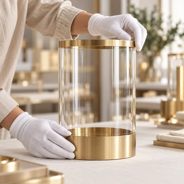 Gloved hands assembling a brass and glass candle holder