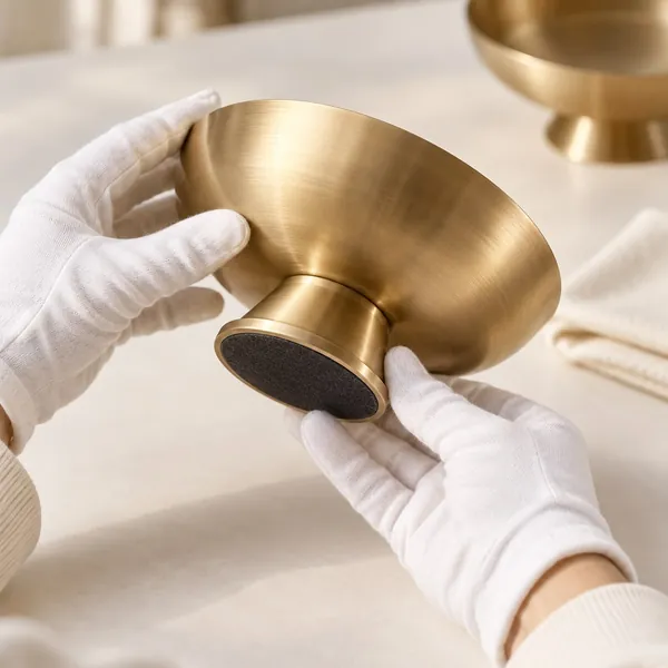 Gloved hands inspecting the finish of a brass bowl