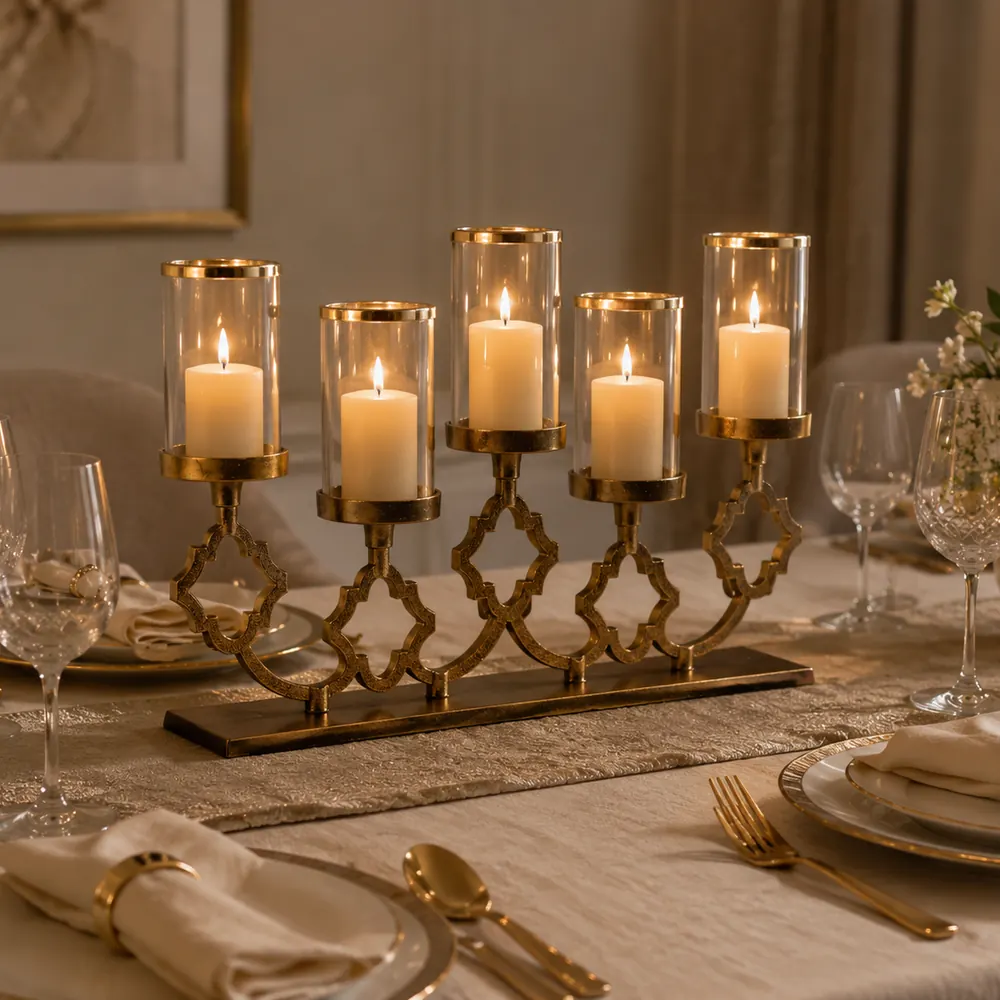 Five-light candle stand with clear glass and brass rings