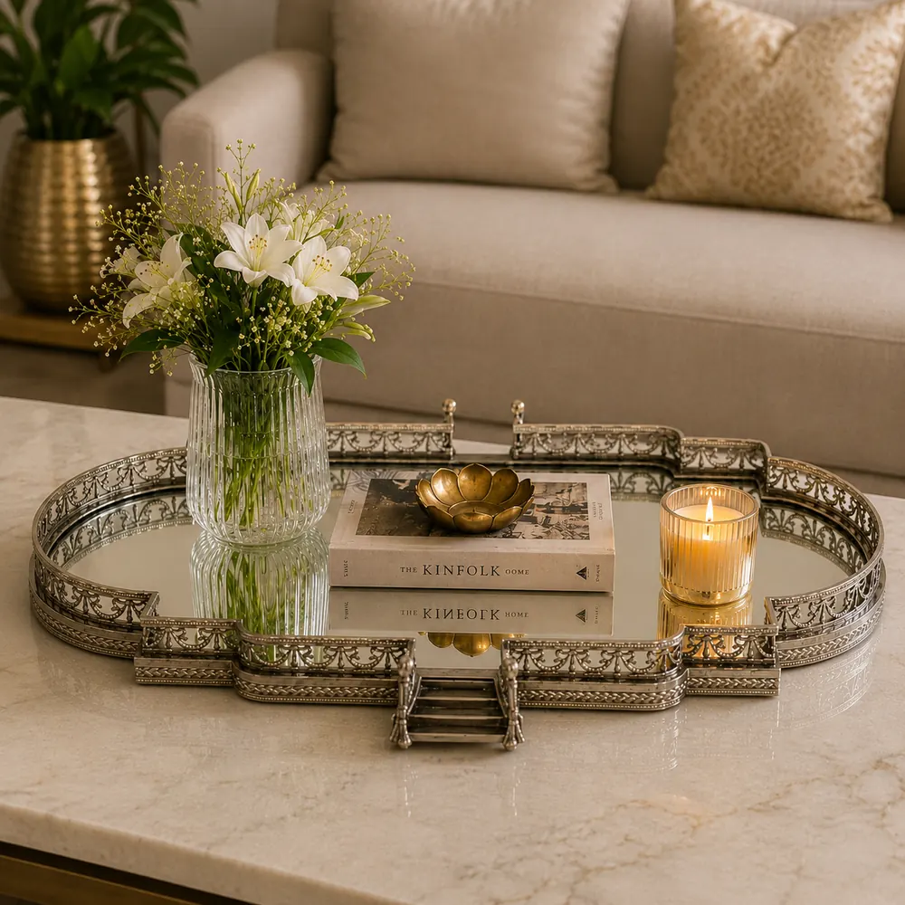 Oval mirror tray on a coffee table