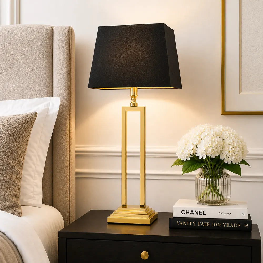 Gold table lamp with black shade