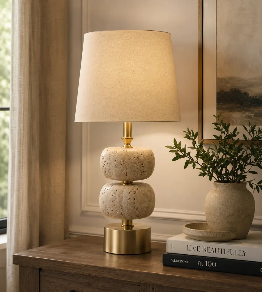 Marble pillar lamp with brass detailing