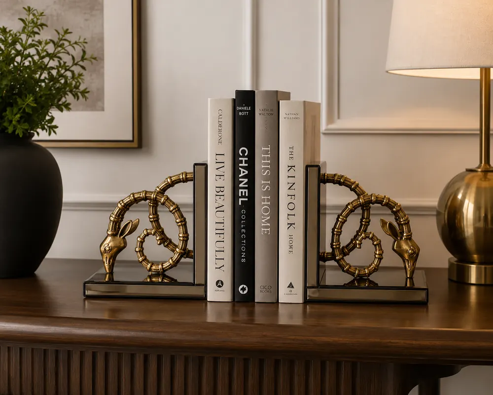 Brass bookends on a console