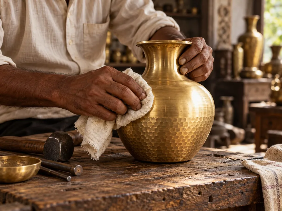 Artisan polishing a hammered brass vase at the workbench