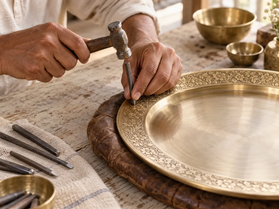 Artisan chasing a pattern into a brass tray by hand